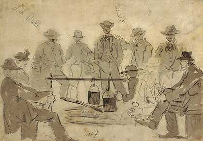 士兵营火`Campfire with Soldiers (1861) by Winslow Homer