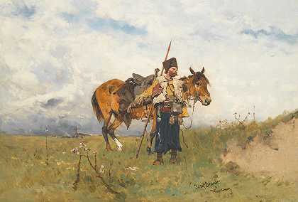 哥萨克守望者`Cossack Watchman by Jozef Brandt