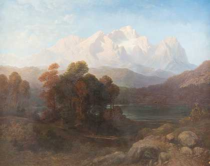 高山湖泊全景`Alpine panorama with mountain lake (1864) by Gustav Adolf Horst