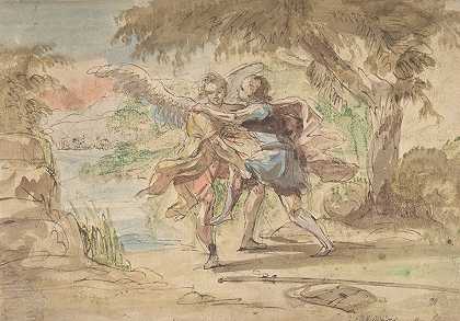 雅各布和天使`Jacob and the Angel (18th century) by Johann Jacob Eybelwieser