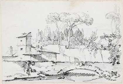 博格塞别墅普拉托景观`View of the Prato of the Villa Borghese (1744~1750) by Joseph-Marie Vien