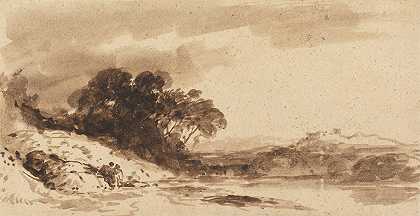 河流景观有两个人物，湖泊和远山`River Landscape with Two Figures, Lake and Distant Mountains by John Varley