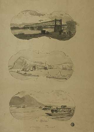 两个港口，一个带桥的河流`Two Views of Ports, one View of River with Bridge by Alexandre Thiollet
