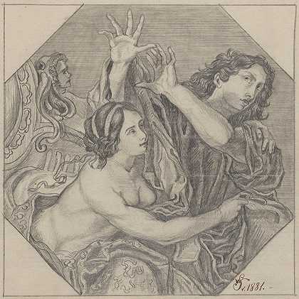 这幅画的复制品`Copy of the painting by Carlo Cignani Joseph and Potiphars Wife (1680) (1881) by Carlo Cignani ;Joseph and Potiphar;s Wife; (1680) by Stanisław Wyspiański