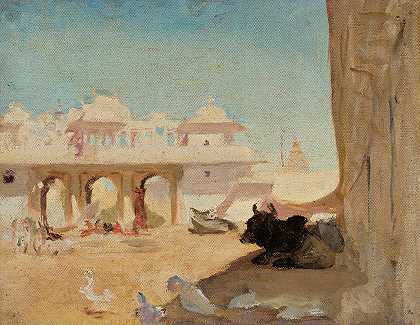 王公庭院s宫殿。从印度之旅`Courtyard of maharajahs palace. From the journey to India (1907) by Jan Ciągliński