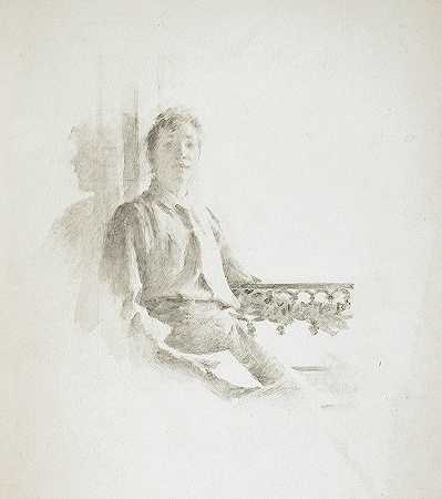 一个坐在阳台上的女人的肖像`Portrait of a Woman Seated on a Balcony (19th century) by Theodore Robinson
