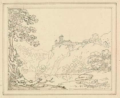 河上悬崖上的宫殿`Palace on a Cliff Above a River (1780~1789) by Joseph Farington