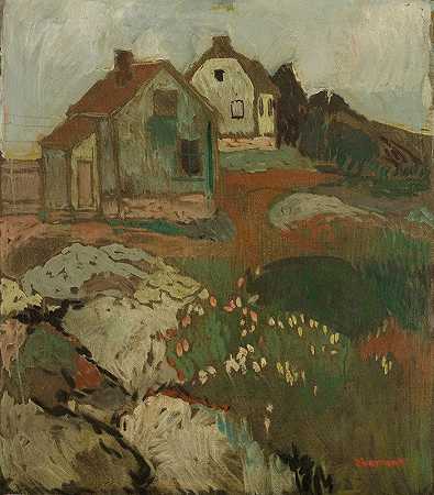 带房子的陆地船`Landskap med hus (1911) by Arnulf Øverland