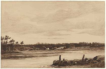 枫丹白露森林边缘的游荡河流`The Loing River at the Edge of the Forest of Fontainebleau (1830) by Théodore Rousseau