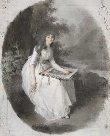 18世纪末至19世纪，一位坐在树下的年轻女士的肖像画`Portrait of a Seated Young Lady Drawing under a Tree late 18th–19th century by Firmin Massot