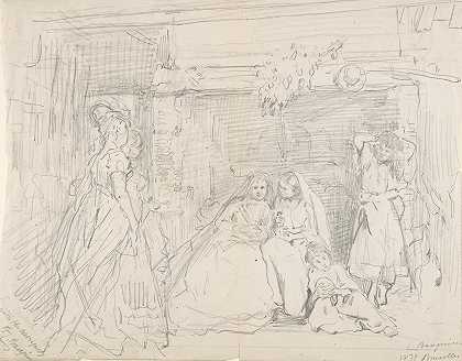 壁炉前有人物的室内装饰`Interior with Figures before a Fireplace (1871) by Charles Baugniet