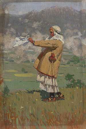 来自čičmany的穿着民族服装的女人`Woman from Čičmany in Folk Costume (1926) by Joža Úprka