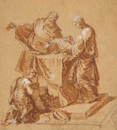 一位大祭司、女先知安娜和一个跪在桌旁的男孩`A High~Priest, the Prophetess Anna and a Kneeling Boy around a Table (1745) by Anton Kern
