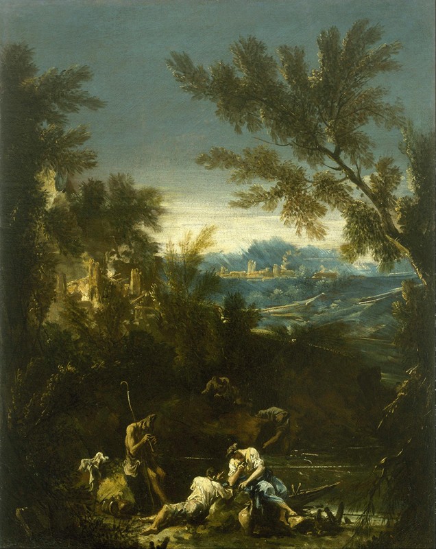 风景与人物`Landscape with Figures (1710~1720) by Alessandro Magnasco