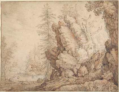 瀑布景观`Landscape with Waterfall (early 1620s) by Roelant Savery