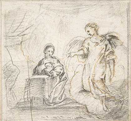 通告（天使从右边靠近）`The Annunciation (Angel Approaching From the Right) (1700–1750) by Pedro Duque y Cornejo