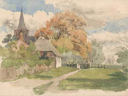 村庄教堂附近的院子`Erf bij een dorpskerk (1845 ~ 1925) by Julius Jacobus van de Sande Bakhuyzen