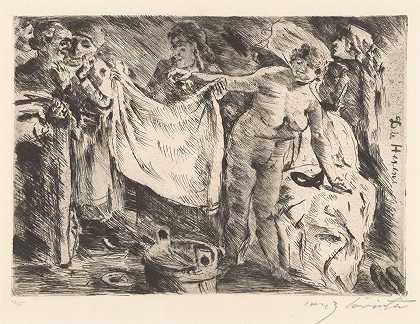 一群女人，一个裸体，另一个举着一块布`Groep vrouwen, waarvan één naakt en een ander een doek omhooghoudend by Lovis Corinth