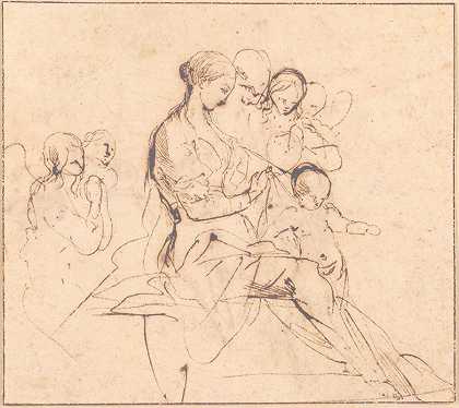 有天使陪伴的神圣家庭`The Holy Family with Attendant Angels (1612–50) by Pietro Testa