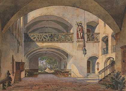 一座修道院的庭院，里面有一个痛苦的人，可以看到一座城堡`Innenhof eines Klosters mit Schmerzensmann und Durchblick auf eine Burg (1845) by Anton Höchl