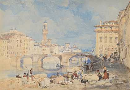 佛罗伦萨圣特里尼塔桥`Ponte Santa Trinità, Florence (before 1832) by James Duffield Harding
