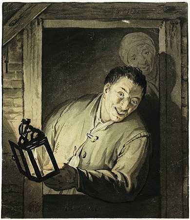 门口提着灯笼的男人`Man with Lantern in Doorway by After Adriaen van Ostade