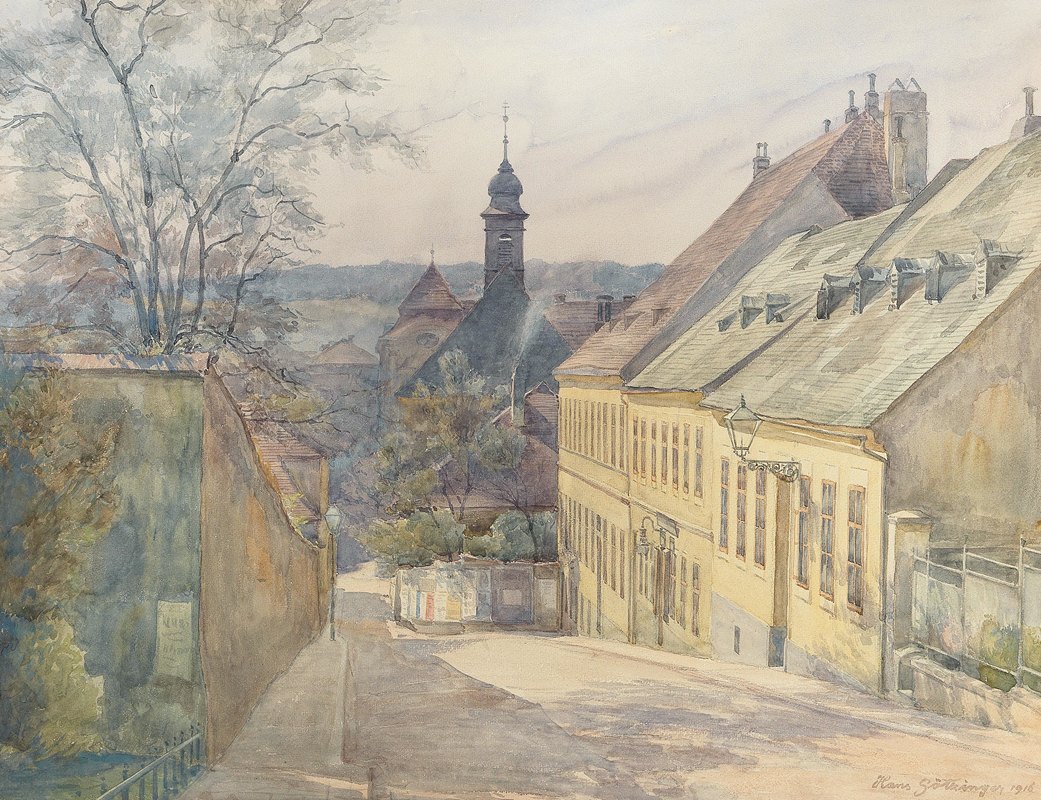 彭津迪斯特韦加斯和圣罗丘斯教堂的景观`A view of Diesterweggasse and St. Rochus chapel in Penzing by Hans Götzinger