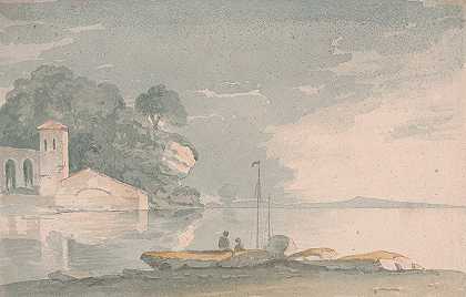 湖岸上的小船和人影`Boat and Figures on Shore of a Lake by John Baverstock Knight