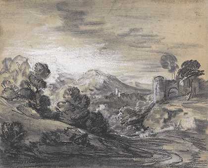 带城堡的森林景观`Wooded Landscape with Castle (between 1785 and 1788) by Thomas Gainsborough