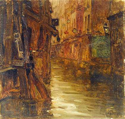 比维尔街，圣日耳曼大道（1910年洪水）`La rue de Bièvre, vue du boulevard Saint~Germain (inondations de 1910) (1910) by Germain Eugène Bonneton