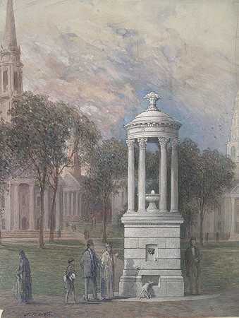 纽黑文格林的贝内特喷泉`Bennett Fountain on New Haven Green (1906) by John Ferguson Weir