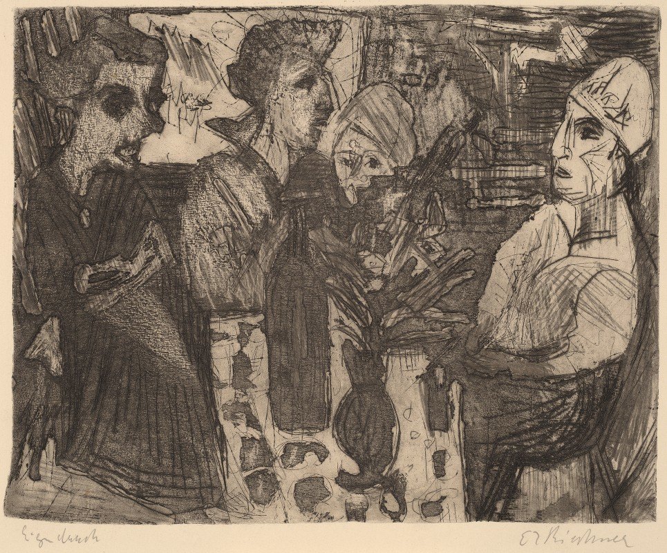 房间里桌子旁的女人`Women at a Table in a Room (1920) by Ernst Ludwig Kirchner