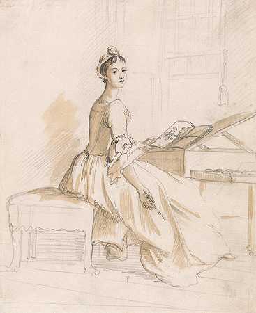 绘画桌上的一位女士的肖像`Portrait of a Lady at a Drawing Table by Paul Sandby