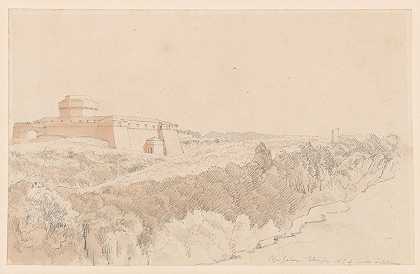 教皇宫殿位于库里塔卡斯特拉纳东北部`Pope’s Palace Taken from Northeast of Curitá Castellana (ca. 1821) by Lewis Vulliamy