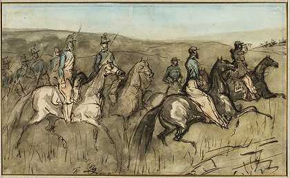 草地上的骑兵演习`Cavalry Exercise in a Meadow by Constantin Guys