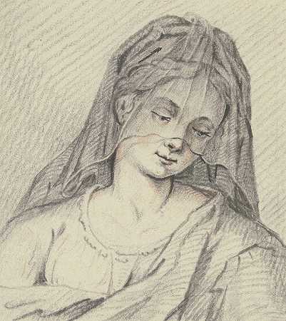 一个女孩戴着面纱往下看的胸部图像`Brustbild eines herabblickenden Mädchens mit einem Schleier by G. A. Wilmans