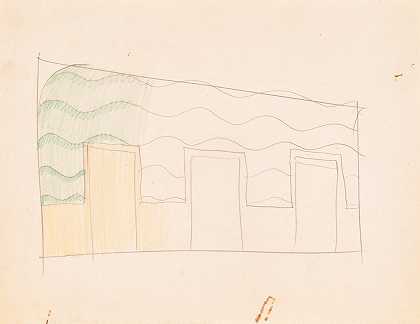 不明房间的室内设计图纸。未经确认的屋内草图，部分颜色为绿色和黄色`Interior design drawings for unidentified rooms. Sketch for unidentified interior partially colored green and yellow (1910) by Winold Reiss