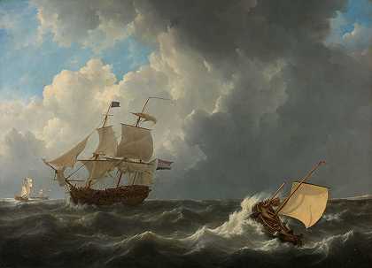 汹涌大海中的船只`Ships in a Turbulent Sea (1826) by Johannes Christiaan Schotel