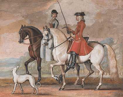 一位绅士骑着一匹驯服的马，和一位女士一起骑马外出`A Gentleman on a Managed Horse Riding Out With a Lady by James Seymour
