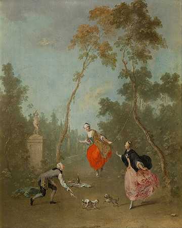 在公园里荡秋千的女士`Lady on a Swing – Gallant Scene in the Park I (1760) by Norbert Joseph Carl Grund