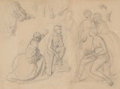 这幅画的构图片段是王子和聚集在他周围的女士们的作品西格斯蒙德·奥古斯都的成长`Fragment of composition with the prince figure and the ladies gathered around him, for the painting The Upbringing of Sigismund Augustus (1861) by Józef Simmler