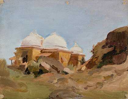 有白色圆顶的寺庙。从印度之旅`Temple with white domes. From the journey to India (1907) by Jan Ciągliński