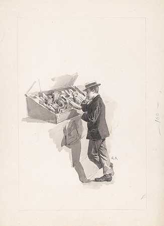 男孩在书商的橱窗前看书`Jongen leest een boek voor de vitrine van een boekhandelaar (1890 ~ 1928) by Alcide Théophile Robaudi