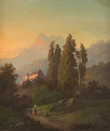 蒂罗洛山顶上的日落`Sunset over the Tyrollean summits (1874) by Josef Heilmaier