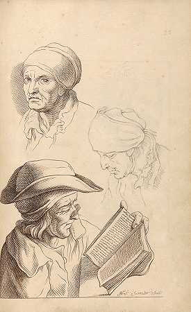 两个头的草图和一个正在读书的男人`Sketches of Two Heads, and a Man Reading a Book (between 1715 and 1720) by Hamlet Winstanley
