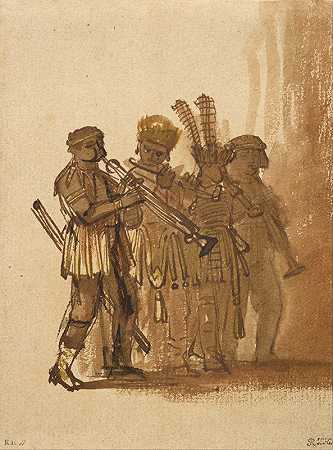 四位演奏管乐器的音乐家`Four Musicians with Wind Instruments (1638) by Rembrandt van Rijn
