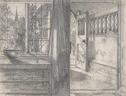 小屋的门廊`A Cottage Porch (1838–1910) by Sir Francis Seymour Haden
