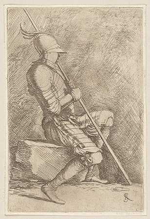 士兵，坐着，戴着头盔，手里拿着拐杖`Soldier, Seated, in a Helmet, Holding a Cane (1656 ~ 1657) by Salvator Rosa