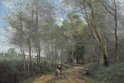 城市阿夫雷-森林入口处的骑士`Ville Davray – Le Cavalier À La Entrée Du Bois (1873) by Jean-Baptiste-Camille Corot