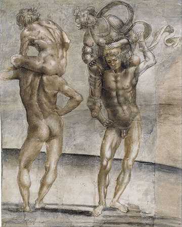 两个裸体的年轻人抱着一个年轻女子和一个年轻男子`Two nude youths carrying a young woman and a young man (1490 ~ 1495) by Luca Signorelli